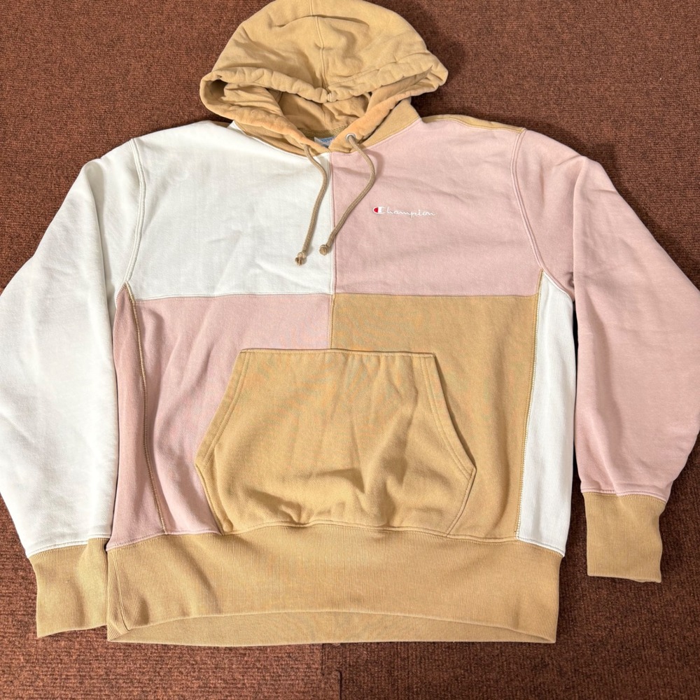 Champion Reverse Weave Hoodie Colorblock Patchwork Pink Tan White Mens Large